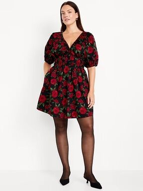 Waist Defined Black Mini Dress with Red Rose Print